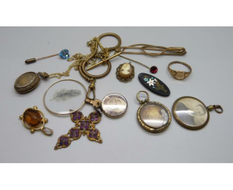 A collection of vintage jewellery including a pietra-dura plaque and a cross pendant 