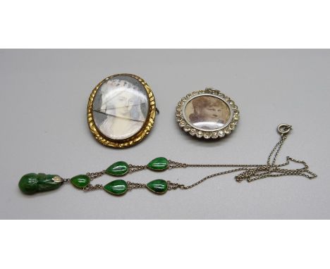 A jade set necklace, a picture pendant and a brooch lacking pin, a/f 