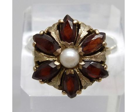 A large 9ct gold, garnet and pearl cluster ring, 5.2g, V 