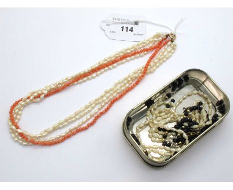 An Antique Style Rice Pearl and Coral Bead Multi-Strand Necklace, to clasp stamped "9ct", together with a rice pearl and blac