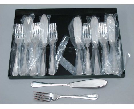 A Set of Eighteen Hallmarked Silver Beaded Pattern Fish Knives and Forks, NBC, Sheffield 1993, (approximately 900grams), boxe