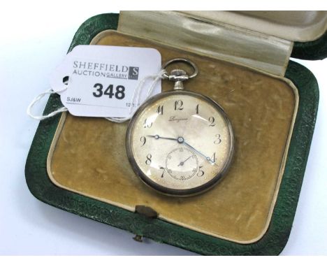 Longines; A Gent's Openface Pocketwatch, the signed dial (discoloured) with black Arabic numerals and seconds subsidiary dial