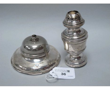 A Chester Hallmarked Silver Counter Bell, (damages), on circular spreading base (weighted); A Vintage Oil Burner, of baluster