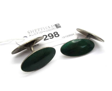 Bernhard Hertz; A Pair of Danish Enamel Cufflinks, the elongated oval panels highlighted in green, stamped "BH 925 S".