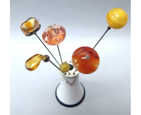  A Collection of Antique and Later Hatpins, to include faceted stone stamped "S SIL", agate dome, spun glass bead, novelty go