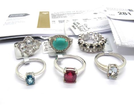 The Genuine Gemstone Company; A Collection of "925" Stone Set Rings, to include Ratanakiri Zircon cluster, Madagascan Ruby si