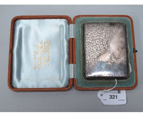 A Victorian Hallmarked Silver Card Case, HM, Birmingham 1894, with partial flowerhead engraving and wavy surround, monogramme