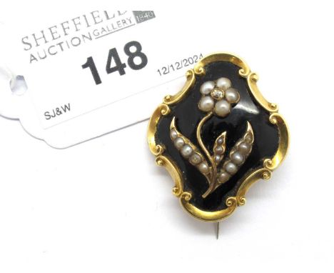 A Victorian Diamond and Seed Pearl Set Mourning Brooch, of decorative flowerhead design, the old cut diamond collet set withi