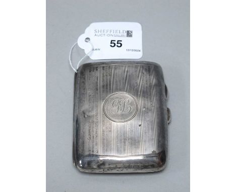 A Hallmarked Silver Cigarette Case, Birmingham 1918, of engine turned design with personalised "GL" circular cartouche, in a 