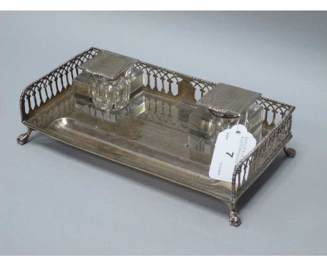 A Victorian Hallmarked Silver Desk Stand, WCWS(?), London 1896, of rectangular form with pierced decorative edge and engraved