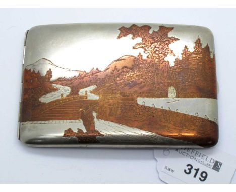 A Highly Decorative Two-Tone Japanese Scene Card Case, depicting Mount Fuji bridge scene with etched forest and river, inner 