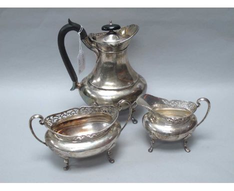 Viners; A Hallmarked Silver Art Deco Three Piece Teaset, Sheffield 1934, comprising lidded hot water pot, cream jug and sugar