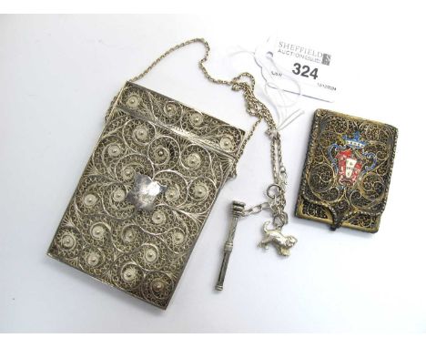 A Highly Decorative Continental Filigree Card Case, intiricate scroll decoration throughout with beaded accents, initialled "