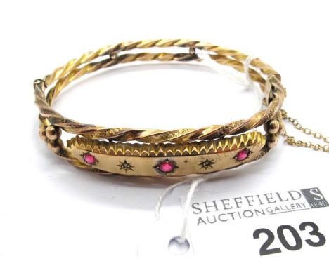 An Antique Five Stone Set Hinged Bangle, the red coloured stones alternately old cut diamond set within starburst setting, to