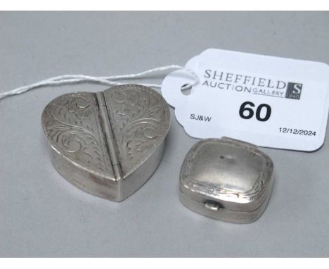 A Novelty Heartshaped Double Sided Pill Box, the hinged lids with etched scrolling design, stamped "925", approximately 3.5cm