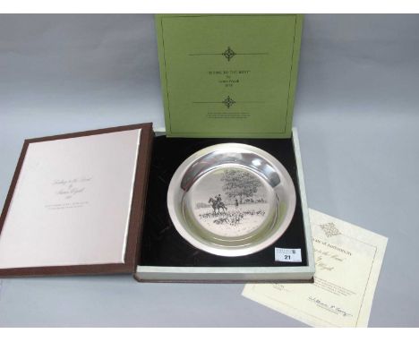 Franklin Mint; James Wyeth 1974 Limited Edition Etched Sterling Silver Plate, original work titled "Riding to the Hunt", stam