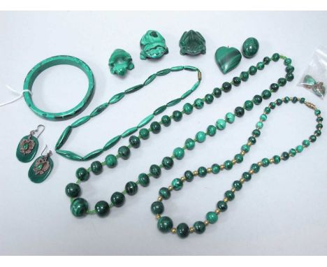 An Assortment of Malachite Jewellery, to include graduated bead necklace, clip-on earrings, bangle, heartshape pendant, etc, 