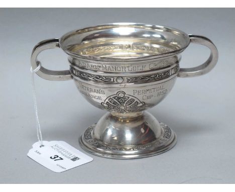 A Hallmarked Silver Celtic Revival Twin Handled Trohpy Bowl, &amp;AM, Dublin 1940, decorated with Celtic knot style bands and