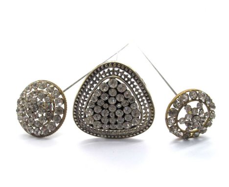 Three Vintage Clear Paste Set Hatpins, to include floral cluster, pyramid form, etc. (3)