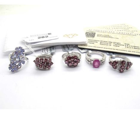 The Genuine Gemstone Company; A Collection of "925" Stone Set Rings, to include Hot Pink Sapphire & White Topaz dress ring, U