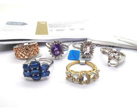 The Genuine Gemstone Company; A Collection of "925" Stone Set Rings, to include Blueberry Quartz and White Topaz cluster, Him