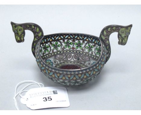 Marius Hammer; An Early XX Century Norwegian Plique A Jour Salt Cellar, in the form of a Viking Long Boat, the baluster bowl 