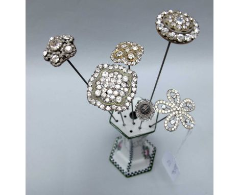  A Collection of Antique and Later Hatpins, to include clear paste set floral cluster, gilt coloured, faceted stone with wire