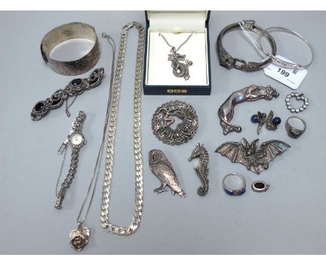 An Assortment of "925" and Other Jewellery, to include an antique Chester hallmarked bangle of allover foliage design, marcas