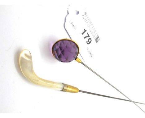 A Faceted Stone Hatpin, the stone of circular form within gilt coloured surround, 20cm long; Together with a mother of pearl 