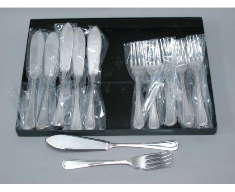 A Set of Eighteen Hallmarked Silver Beaded Pattern Fish Knives and Forks, NBC, Sheffield 1993, (approximately 900grams), boxe