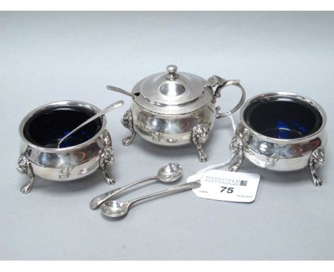 Walker &amp; Hall; A Victorian Hallmarked Silver Condiment Set, Sheffield 1886, comprising hinge lidded mustard pot, two salt