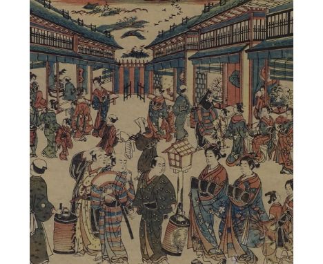 Kigomitsu Torii, Japanese colour woodblock print, nightlife scene, 11" x 17.5", framed 