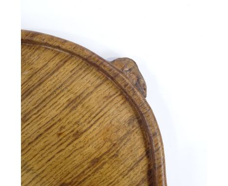 Robert Mouseman Thompson, oak tea tray with mouse handles, 46cm across 