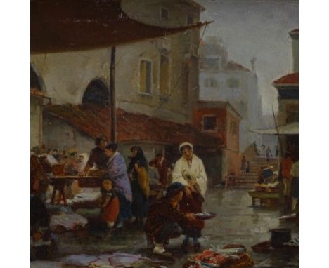 W H Jobbins, oil on panel, the old fish market Venice, inscribed verso, 6.5" x 9.5", framed.  This is a sketch for the finish