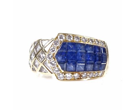 An 18ct gold sapphire and diamond buckle ring, set with calibre-cut sapphires and princess triangular, tapered baguette and r