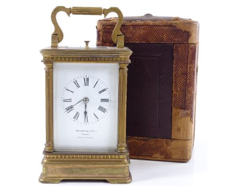 A French 8-day brass-cased carriage clock, enamel dial signed Benetfink &amp; Co of London, repeat movement striking on a gon