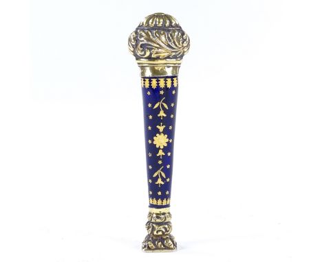 A 19th century French Palais Royale silver-gilt and blue enamel desk seal, with acanthus finial, gilded royal blue enamel han