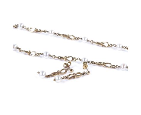 A suite of 9ct gold freshwater pearl jewellery, comprising necklace, length 51cm, 16.9g, and a pair of earrings, height 31.6m