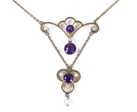 A Victorian 9ct gold amethyst and pearl pendant necklace, with openwork stylised settings, necklace length 41cm, 4g 