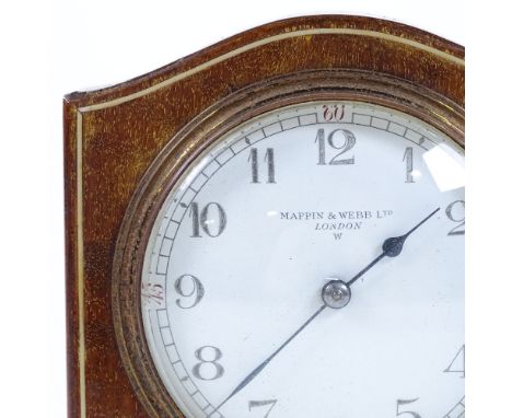 An Edwardian mahogany and ivory strung mantel clock, 8-day movement, by Mappin &amp; Webb of London, on brass ball feet, heig