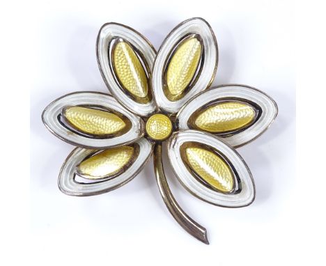 A Norwegian sterling silver and enamel leaf brooch, with pierced stylised settings, by Aksel Holmsen, brooch length 62.3mm, 2