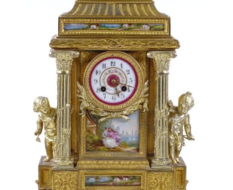 An ornate 19th century French gilt-spelter 3-piece clock garniture, with porcelain urns and painted enamel dial, height 53cm 