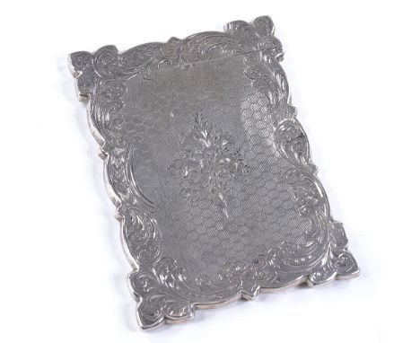 A Victorian rectangular silver card case, with engraved foliate and engine turned decoration, by Hilliard &amp; Thomason, hal