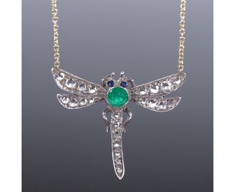 An unmarked gold emerald sapphire and diamond dragonfly pendant necklace, on 18ct chain, wingspan 25.8mm, necklace length 44c