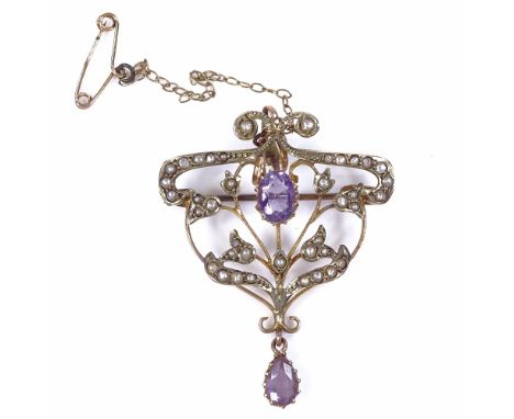 An Edwardian 9ct gold amethyst and split-pearl pendant/brooch, openwork scrolled floral settings, height excluding bale 43.1m
