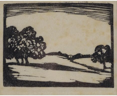 Woodblock print, landscape, unsigned, image 3" x 4", framed 