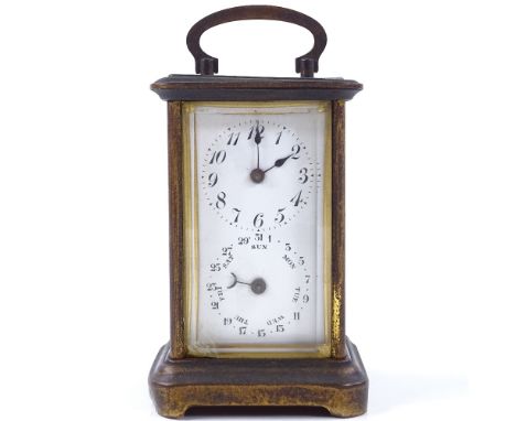 A 19th century brass 8-day carriage clock, with enamel dial and secondary calendar dial, case height 14cm 