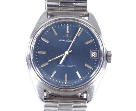 JAEGER LECOULTRE - a 1970s stainless steel Master-Quartz wristwatch, blue dial with baton hour markers and date aperture, cal