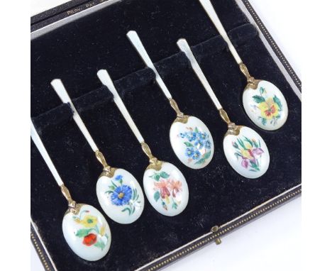 A set of 6 silver-gilt and coloured enamel coffee spoons, with painted floral bowls, by Turner &amp; Simpson, hallmarks Birmi