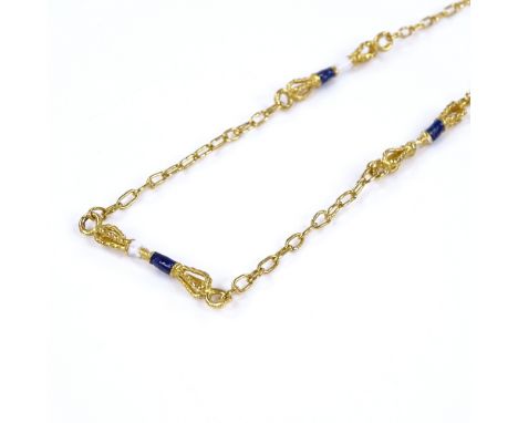 A Korean unmarked gold and enamel necklace, necklace length 44cm, 11.2g 